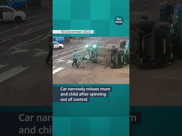 Watch the moment a car spins out of control before landing inches away from a mum and child #itvnews