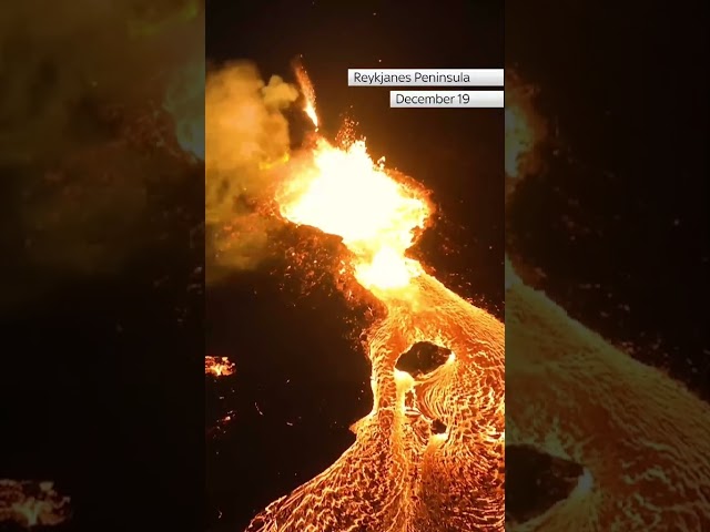 Drone shows lava spewing in Iceland