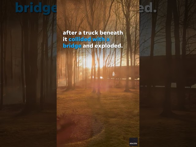 Train passes through fire after natural gas truck hits bridge and explodes #Shorts