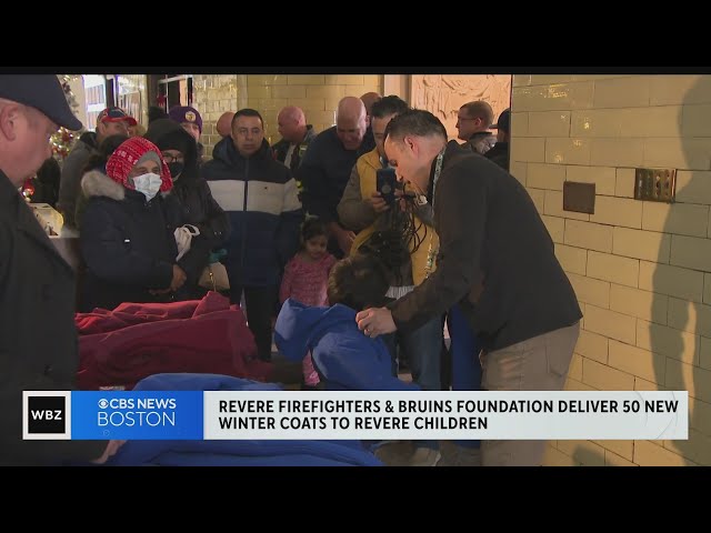 Revere firefighters and Bruins Foundation donate new winter coats to children