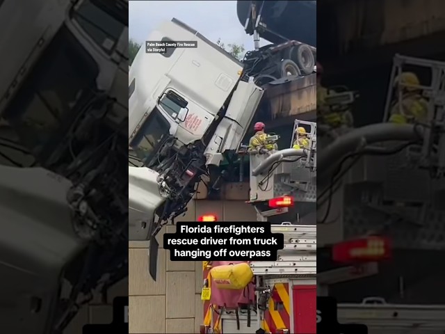 Florida firefighters rescue driver from truck hanging off overpass #shorts