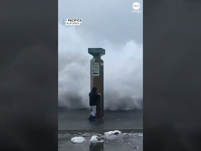 Huge California wave topples people near pier