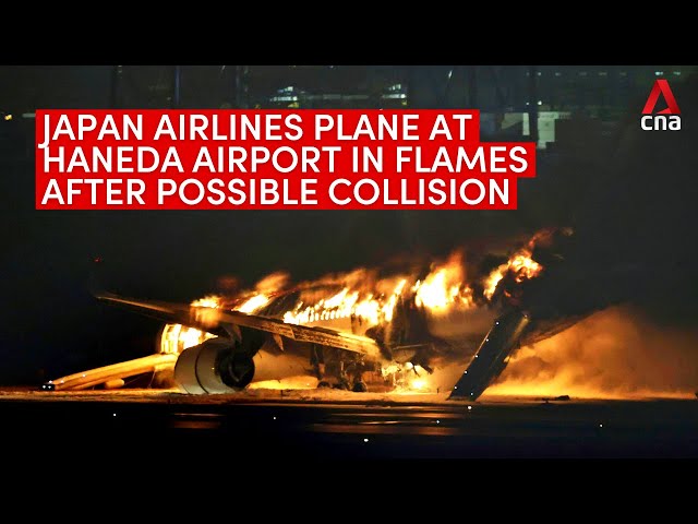 Japan Airlines plane on fire at Tokyo Haneda Airport, possible collision with coastguard aircraft