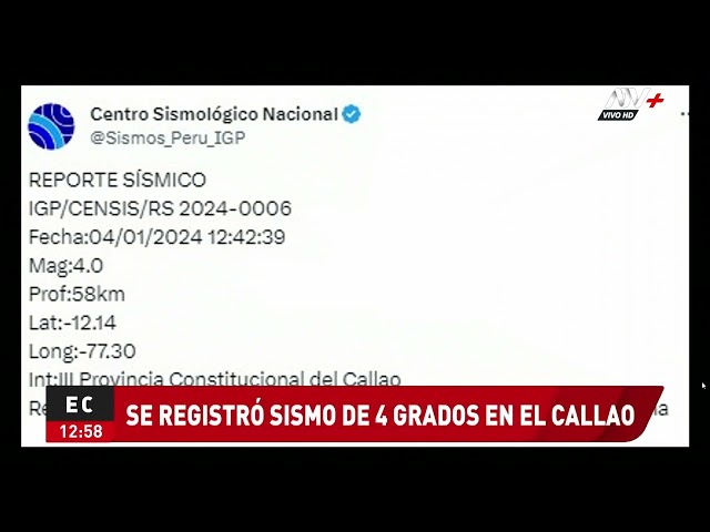 Se registra sismo de 4.0 grados en el Callao