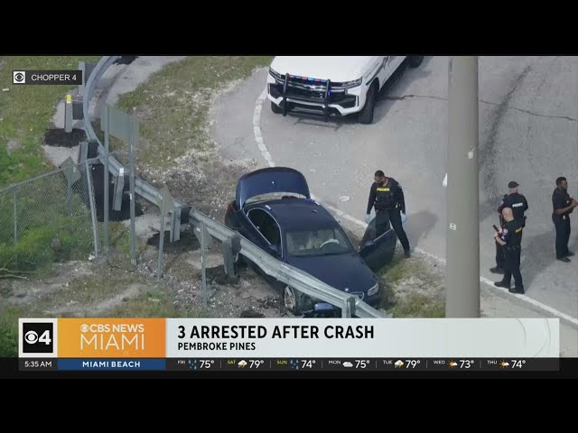 Three arrested after stolen car crashed into guard rail in Pembroke Pines