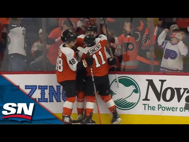 Flyers' Sean Couturier Banks Home Game-Tying Goal Off Flames' Jacob Markstrom