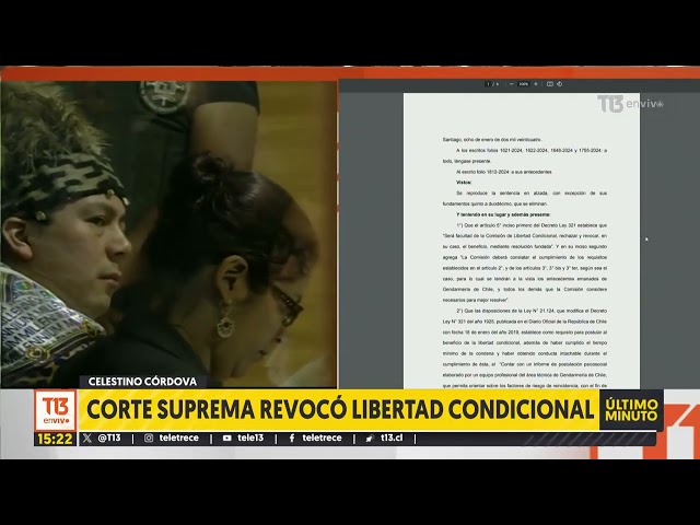 Corte Suprema revoca libertad condicional de Celestino Córdova