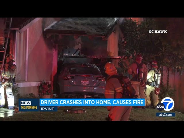 Driver crashes into Irvine home, causes fire