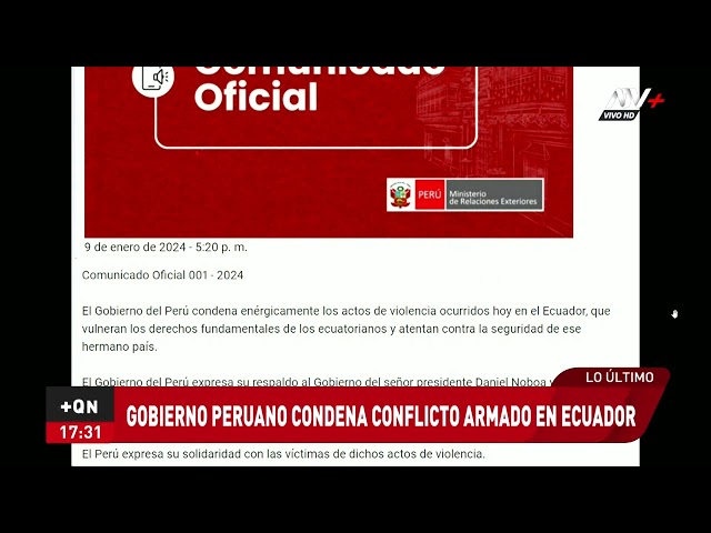 Gobierno peruano condena enérgicamente los actos de violencia en Ecuador