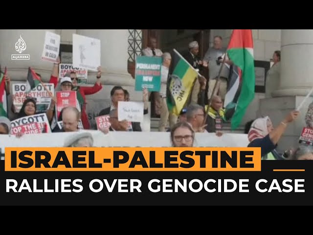 Protesters rally outside court hearing on Gaza genocide case