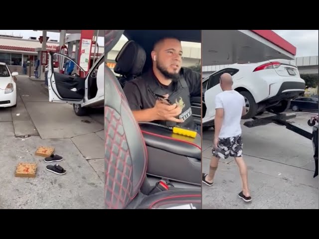 Le remolcan el auto a una pareja de cubanos mientras comían pizza en gasolinera de Hialeah