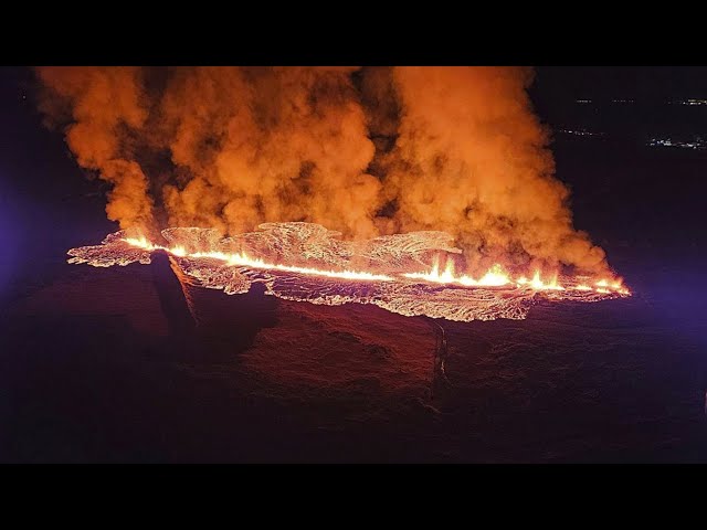 Huge lava flow in Iceland after volcanic eruption