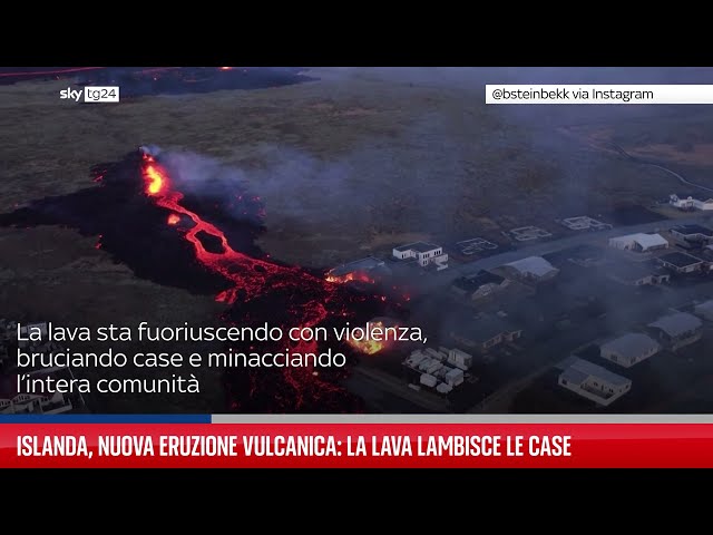 ⁣Islanda, nuova eruzione vulcanica: la lava lambisce le case