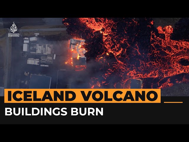 Buildings on fire after Icelandic volcano erupts