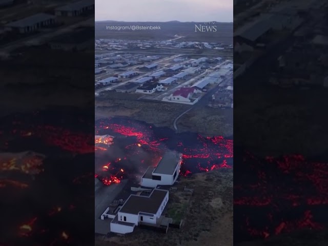 Drone footage shows molten lava burning houses in Iceland