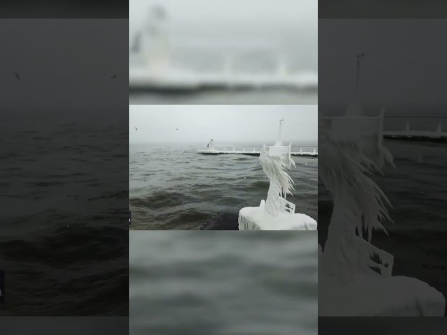 Mesmerizing ice encases lighthouses during a lake-effect snow event #Shorts