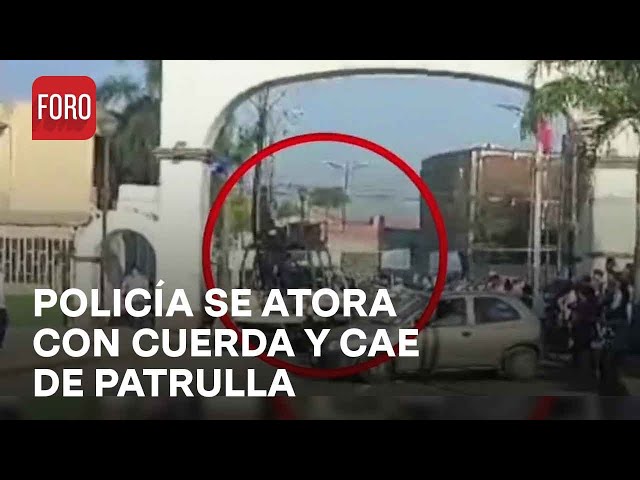 Policía sufre accidente, cae de patrulla al atorarse con cuerda; lo reportan grave - Las Noticias