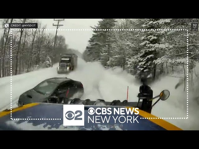 Car crashes into plow truck on snow-covered road in North Country