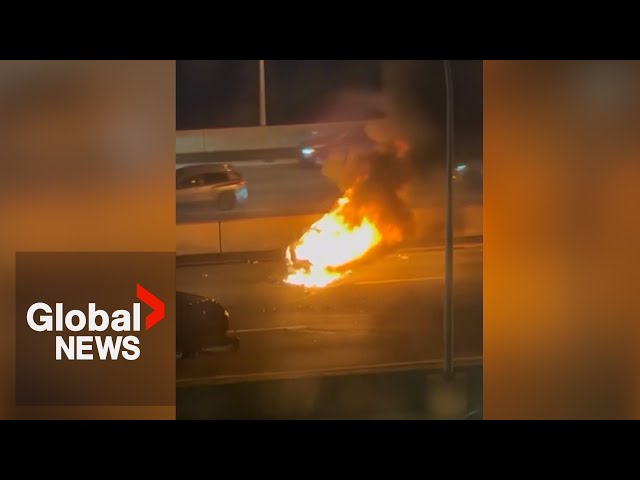 “Racing” Mercedes catches fire after crash on Toronto’s Gardiner highway: police