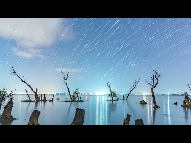 A sky full of stars covers the wetlands of Yunnan