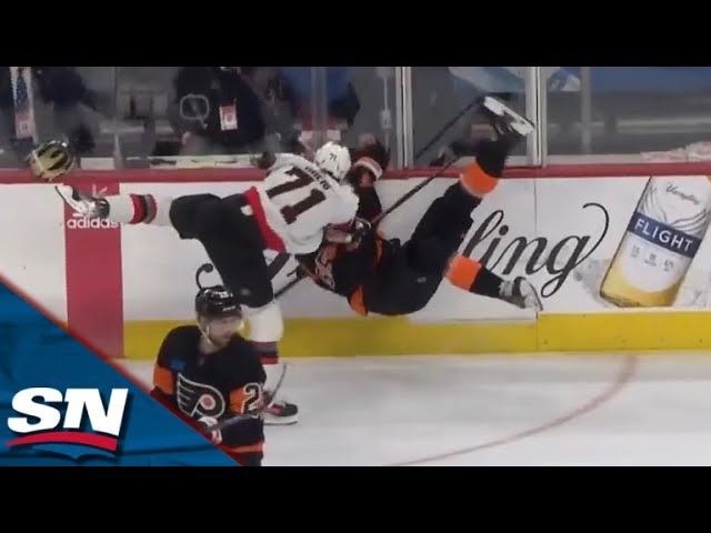 ⁣Senators' Ridly Greig Knocks Rasmus Ristolainen's Helmet Flying With Huge Hit