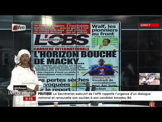 Unes de l'Obs & RECORD présenté par Sokhna Natta Mbaye - Infos Matin du 09 Février 2024