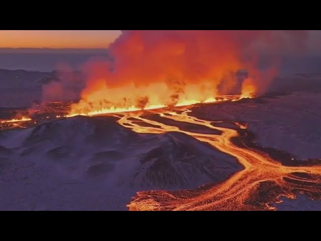 Dramatic drone video shows Icelandic volcano eruption