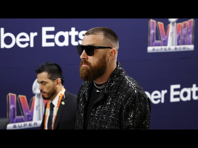 Travis Kelce dazzles in ‘Bejeweled’-style black suit at Super Bowl