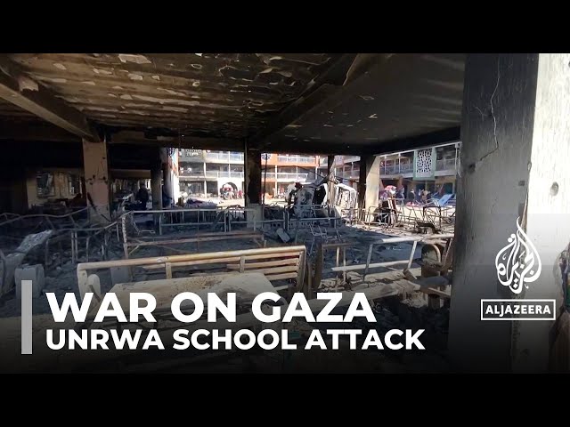 Palestinians assess damage to UNRWA school in northern Gaza after Israeli attack