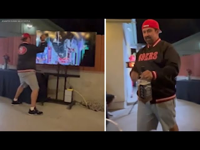 Angry 49ers fan smashes TV with whiskey bottle after team loses Super Bowl