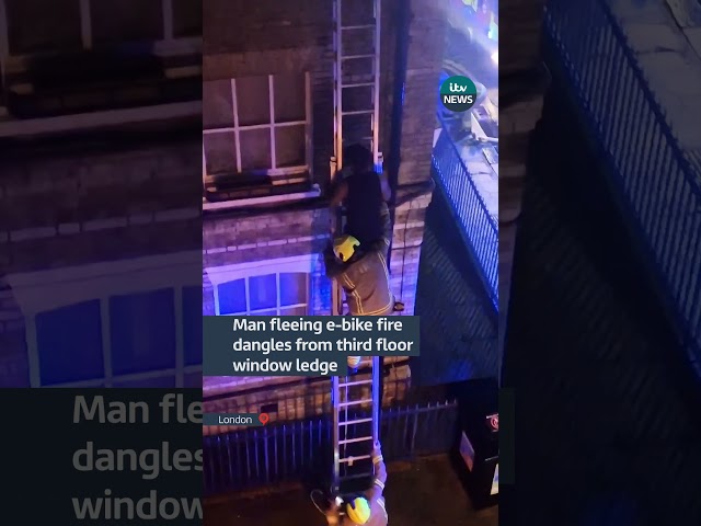 Man fleeing e-bike fire dangles from third floor window ledge #itvnews