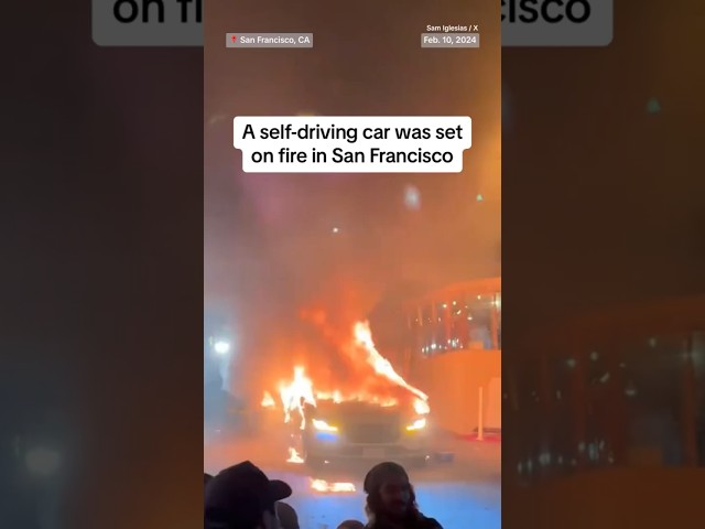 ⁣Self-driving car vandalized and set on fire in California