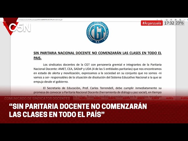 FUERTE COMUNICADO de SINDICATOS DOCENTES: "Sin PARITARIA DOCENTE, NO COMENZARÁN las CLASES"