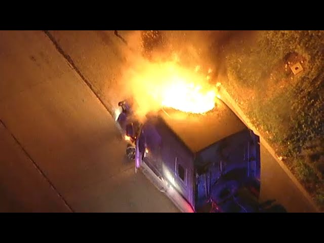 FULL CHASE: Big rig erupts in flames at end of lengthy pursuit through SoCal