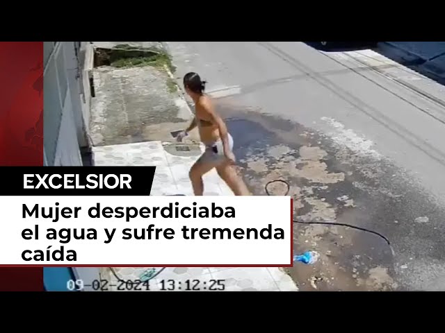 ¿Karma? Mujer sufre tremenda caída por suelo resbaloso tras desperdiciar agua