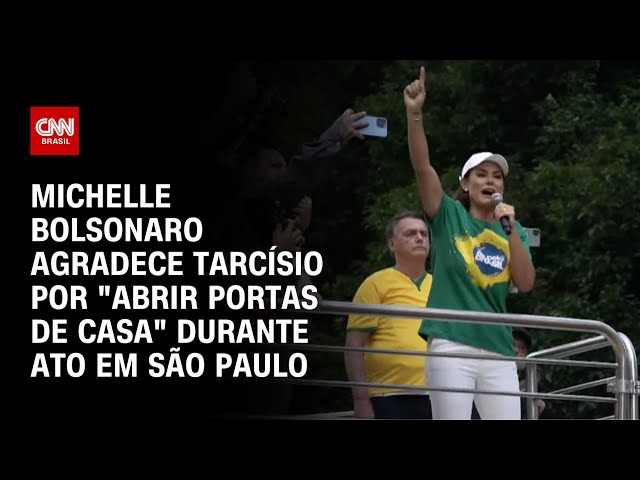 Michelle Bolsonaro agradece Tarcísio por "abrir portas de casa" durante ato em São Paulo |