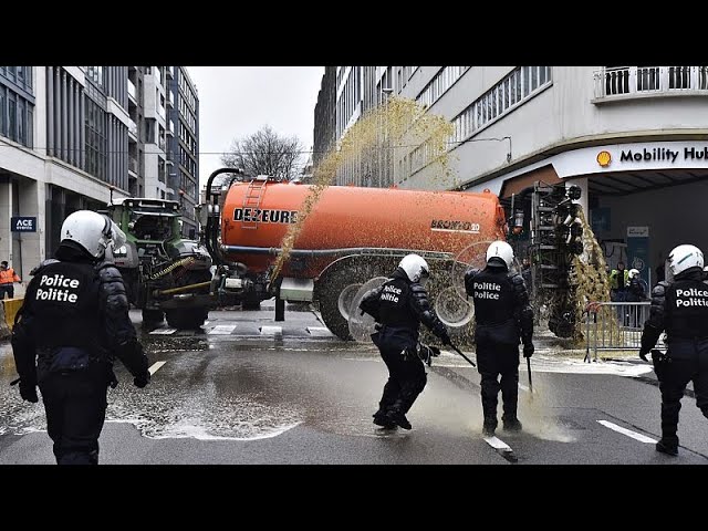 Watch: Angry farmers block streets, dump manure and clash with police in Brussels