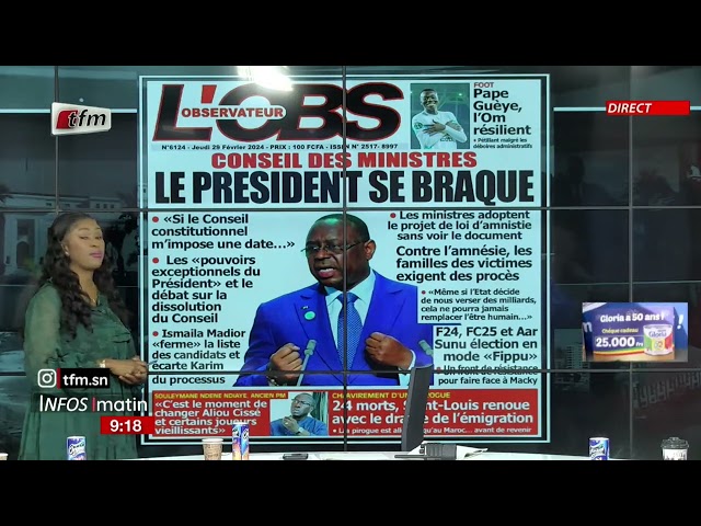 Unes de l'Obs & RECORD présenté par Sokhna Natta Mbaye - Infos matin du 29 Février 2024