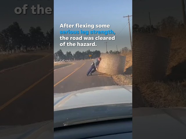 A highway patrol trooper shows muscle moving hay bale off road #Shorts