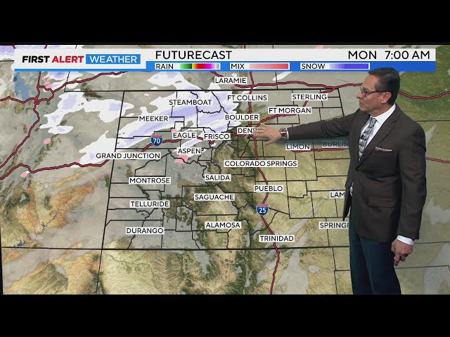 Mountain snow dropping through Monday morning with mild start for the week in Denver