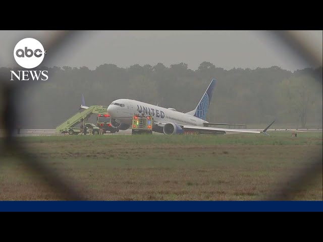 United Airlines plane rolls into grass after landing