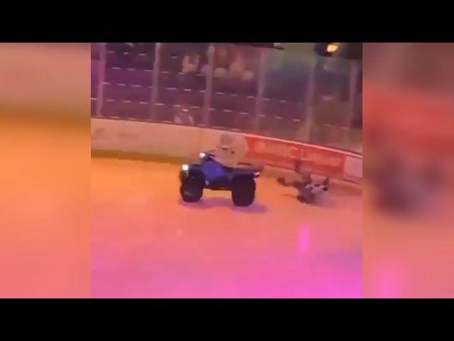 ⁣WATCH | CHL mascot crashes ATV into boards during on-ice performance