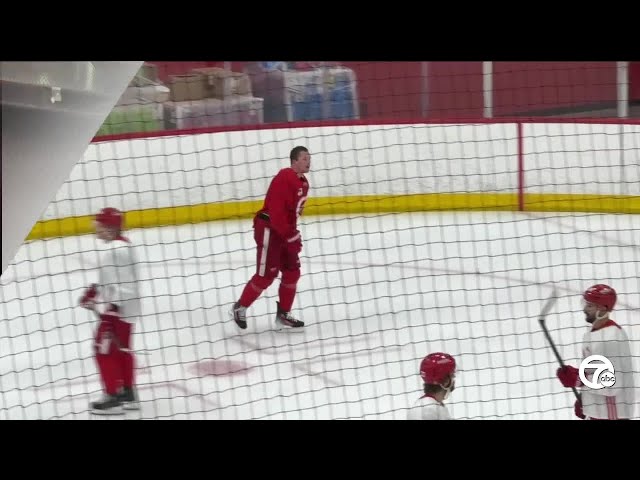 Lucas Raymond and Ben Chiarot fight at Red Wings practice