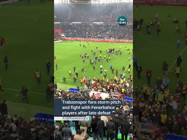 Trabzonspor fans storm pitch and fight with Fenerbahce players after late defeat #itvnews #football