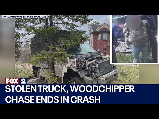 Suspect arrested after stealing truck with woodchipper attached, causing police pursuit