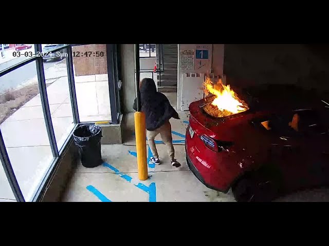 Suspect wanted for throwing brick through Tesla window, setting car on fire