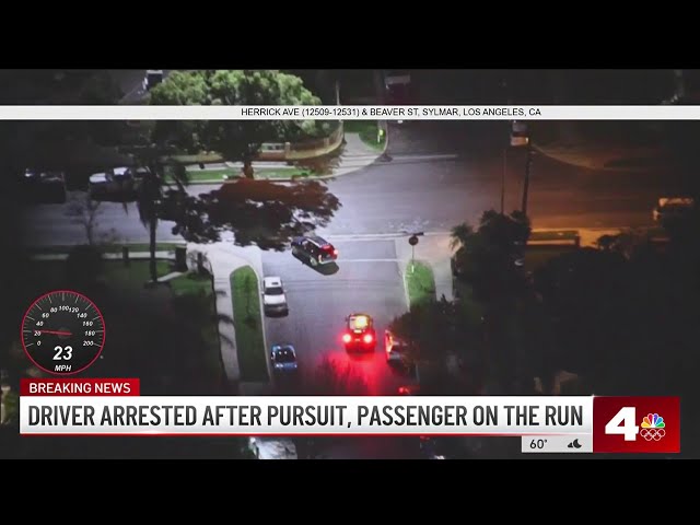 Driver arrested after pursuit, passenger still on the run