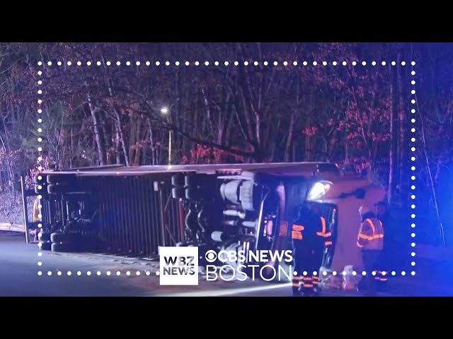 Tractor-trailer crashes on Mass Pike ramp in Auburn, spills battery acid