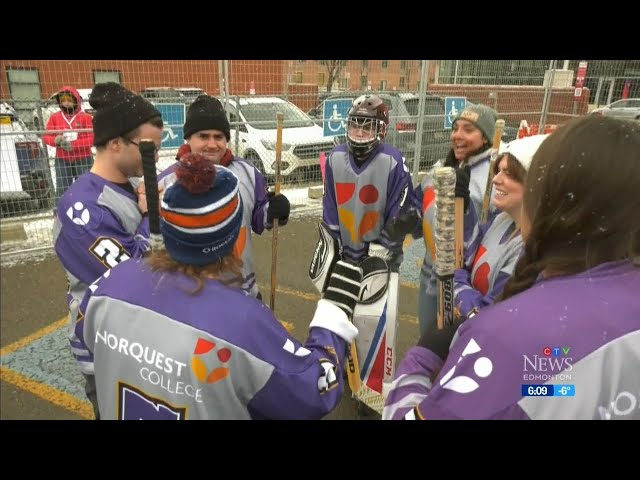 ⁣Canadian newcomers indulge in a game of street of hockey