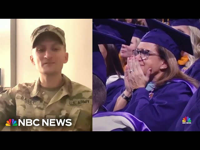 National Guard soldier surprised at graduation by special message from deployed son